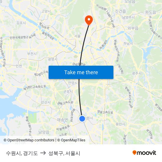 수원시, 경기도 to 성북구, 서울시 map
