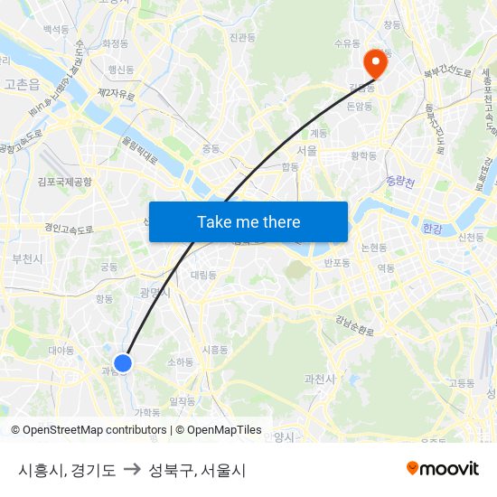 시흥시, 경기도 to 성북구, 서울시 map