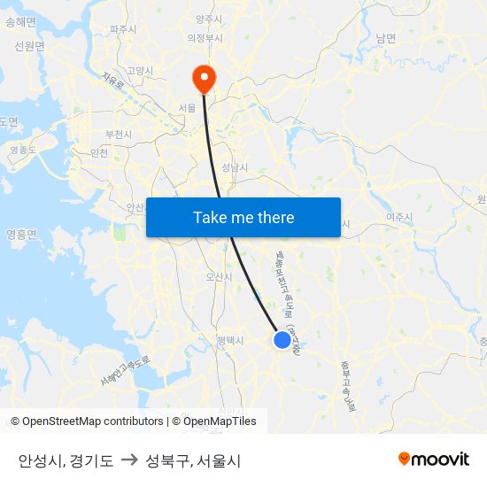 안성시, 경기도 to 성북구, 서울시 map