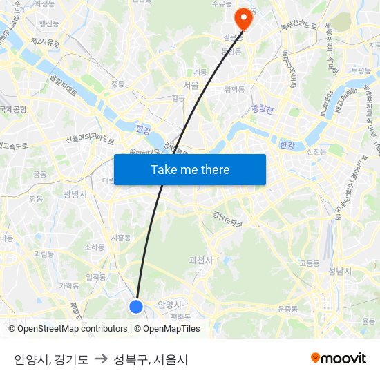 안양시, 경기도 to 성북구, 서울시 map