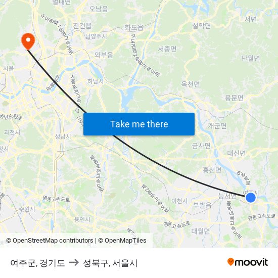 여주군, 경기도 to 성북구, 서울시 map
