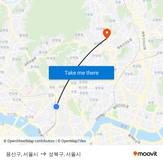 용산구, 서울시 to 성북구, 서울시 map