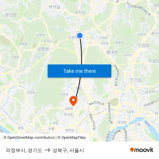 의정부시, 경기도 to 성북구, 서울시 map