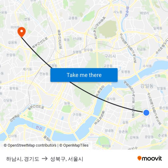 하남시, 경기도 to 성북구, 서울시 map