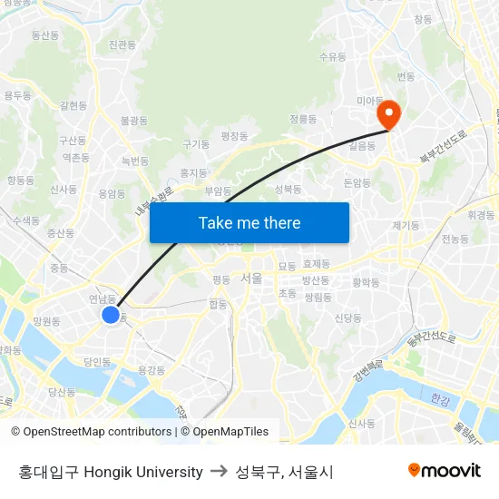 홍대입구 Hongik University to 성북구, 서울시 map
