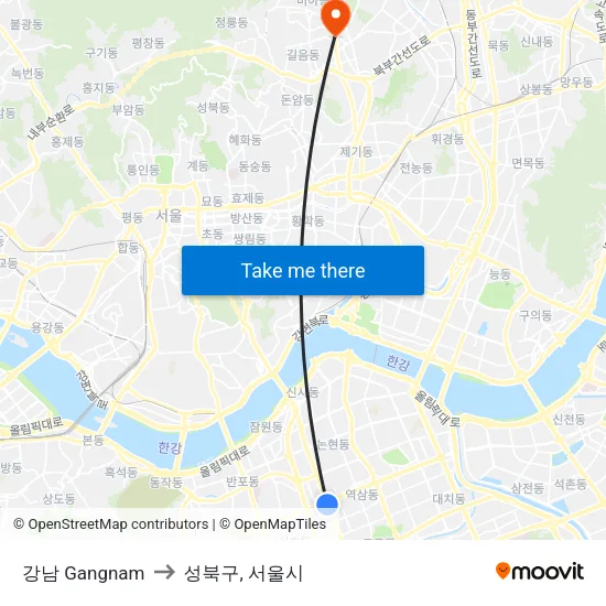 강남 Gangnam to 성북구, 서울시 map