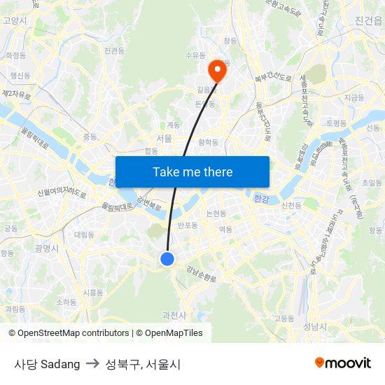 사당 Sadang to 성북구, 서울시 map