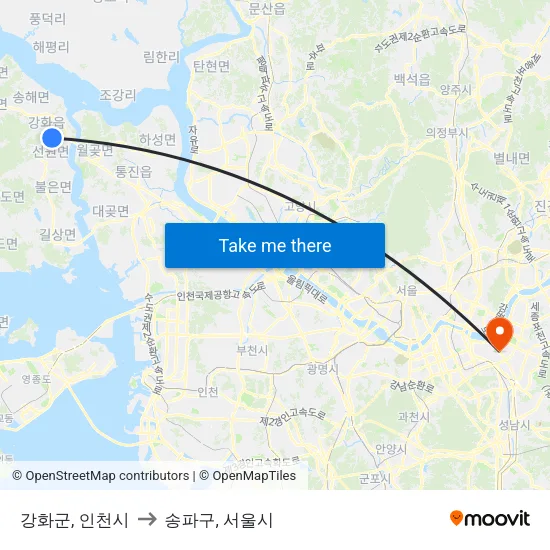 강화군, 인천시 to 송파구, 서울시 map