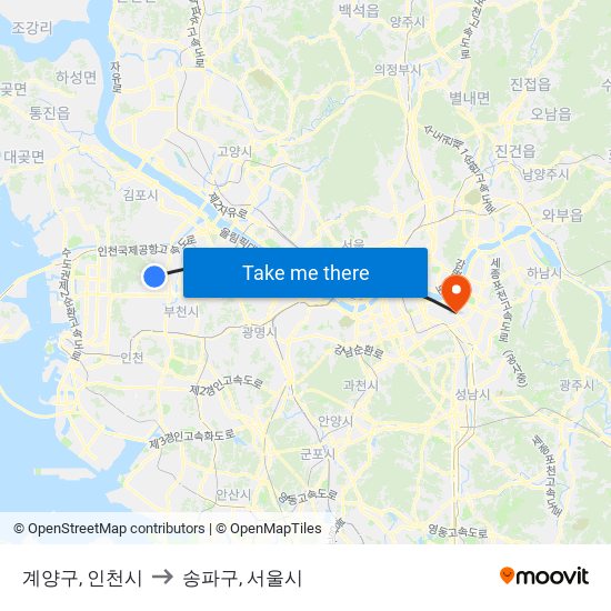 계양구, 인천시 to 송파구, 서울시 map