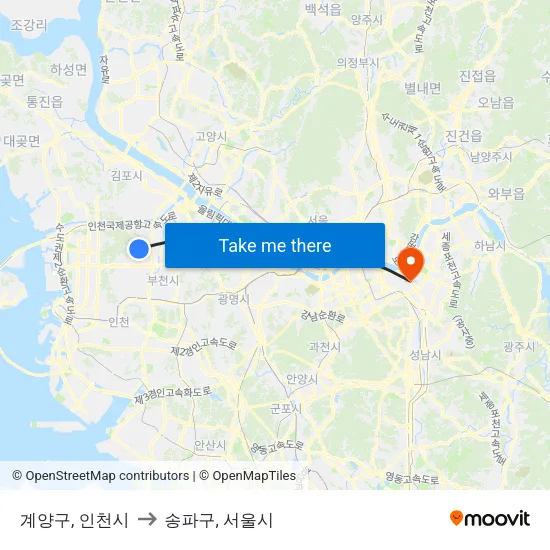계양구, 인천시 to 송파구, 서울시 map