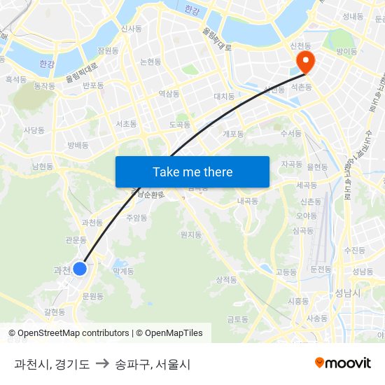 과천시, 경기도 to 송파구, 서울시 map