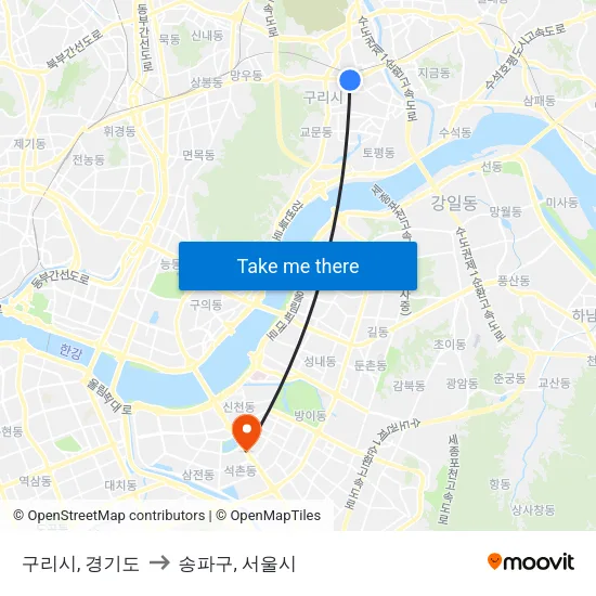 구리시, 경기도 to 송파구, 서울시 map