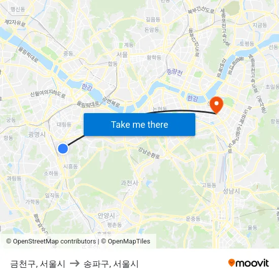 금천구, 서울시 to 송파구, 서울시 map