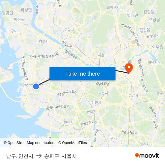 남구, 인천시 to 송파구, 서울시 map