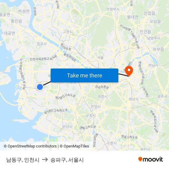 남동구, 인천시 to 송파구, 서울시 map