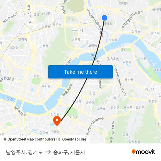 남양주시, 경기도 to 송파구, 서울시 map