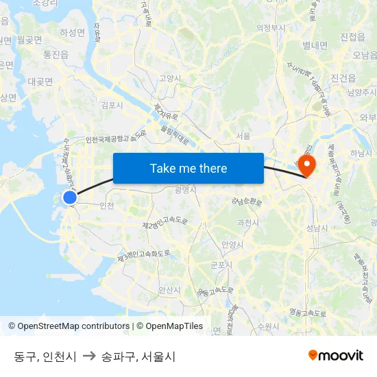 동구, 인천시 to 송파구, 서울시 map