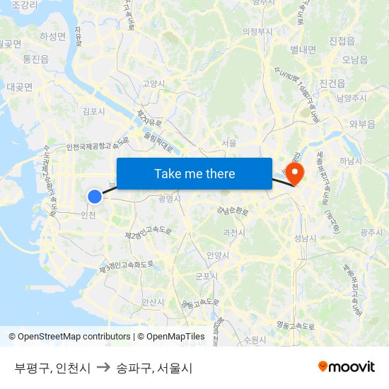 부평구, 인천시 to 송파구, 서울시 map