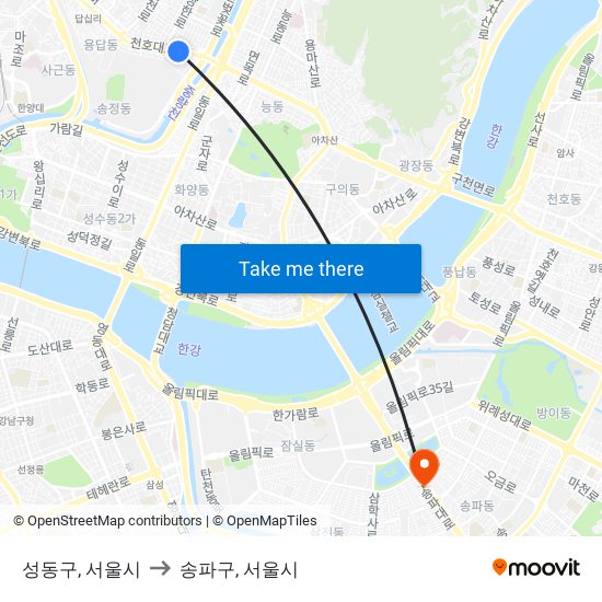성동구, 서울시 to 송파구, 서울시 map