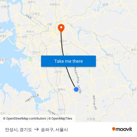 안성시, 경기도 to 송파구, 서울시 map