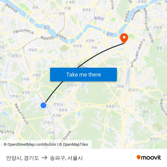 안양시, 경기도 to 송파구, 서울시 map