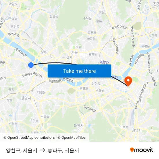 양천구, 서울시 to 송파구, 서울시 map