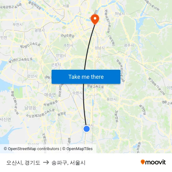 오산시, 경기도 to 송파구, 서울시 map