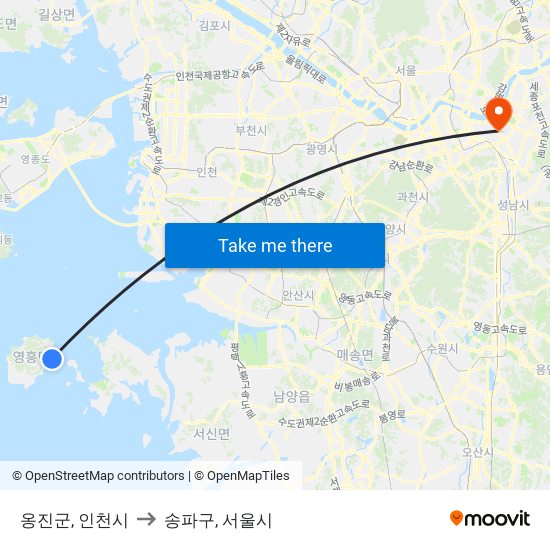 옹진군, 인천시 to 송파구, 서울시 map