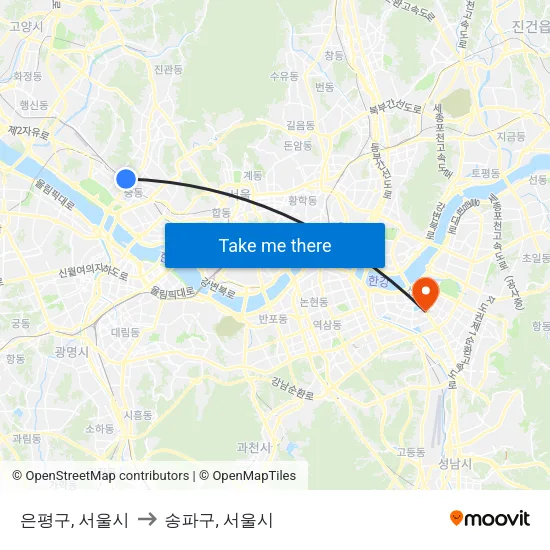 은평구, 서울시 to 송파구, 서울시 map