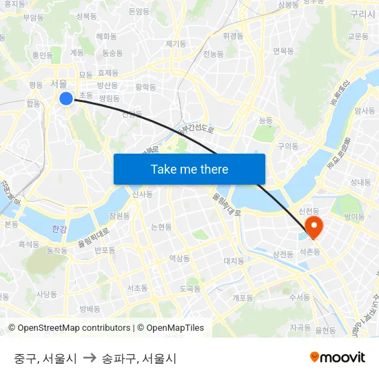 중구, 서울시 to 송파구, 서울시 map