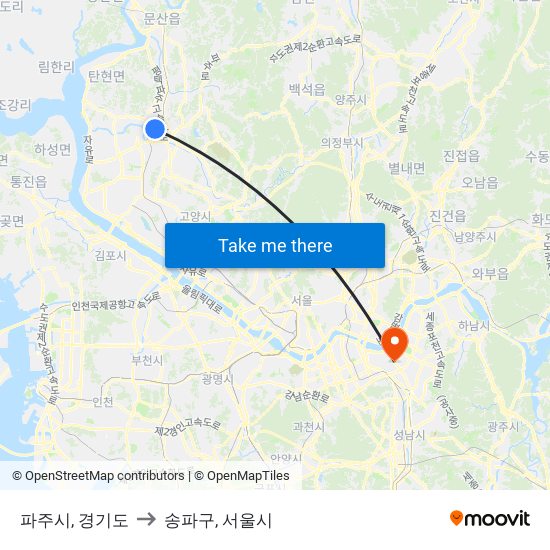 파주시, 경기도 to 송파구, 서울시 map