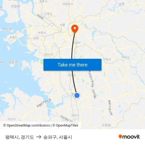 평택시, 경기도 to 송파구, 서울시 map
