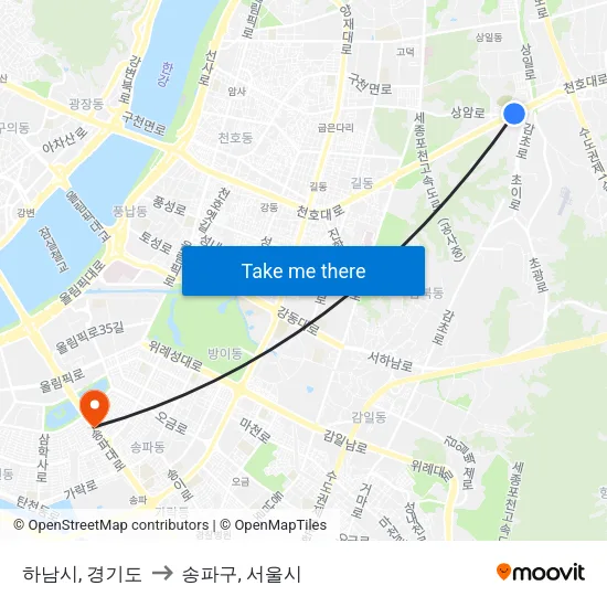 하남시, 경기도 to 송파구, 서울시 map