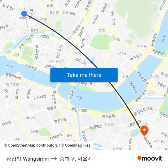 왕십리 Wangsimni to 송파구, 서울시 map