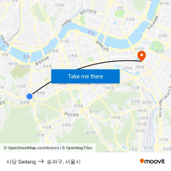 사당 Sadang to 송파구, 서울시 map