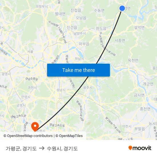 가평군, 경기도 to 수원시, 경기도 map