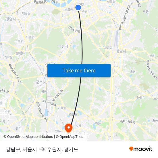 강남구, 서울시 to 수원시, 경기도 map