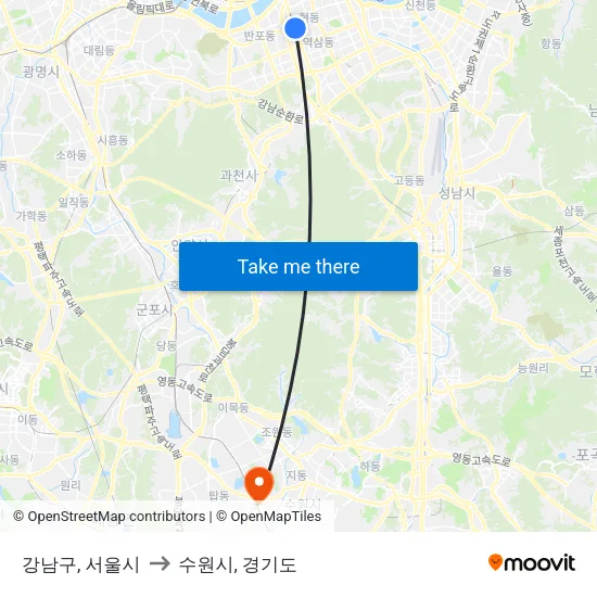 강남구, 서울시 to 수원시, 경기도 map