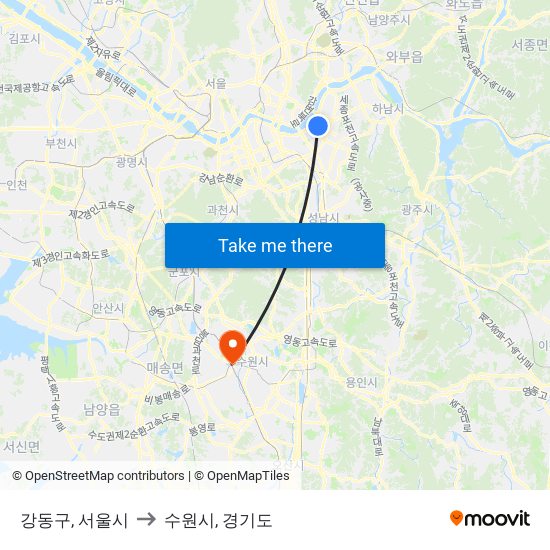 강동구, 서울시 to 수원시, 경기도 map