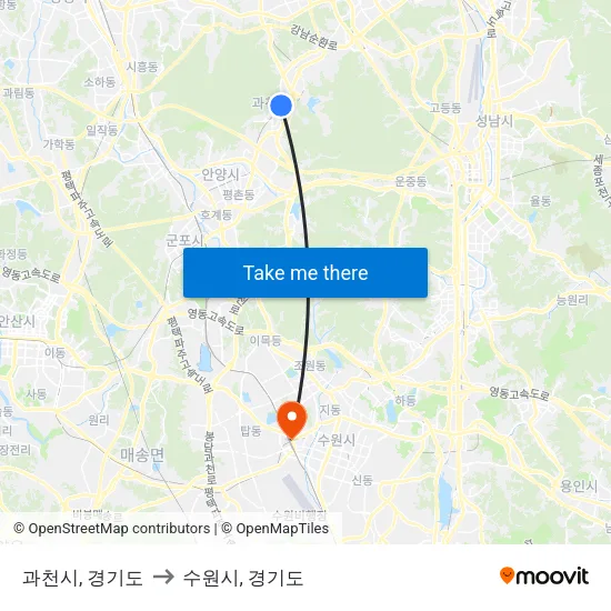 과천시, 경기도 to 수원시, 경기도 map