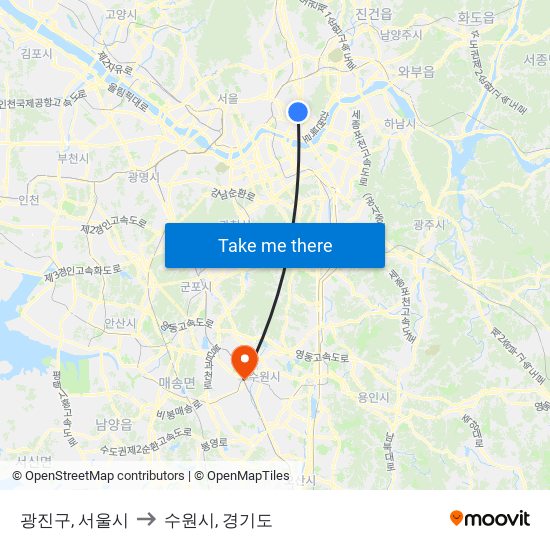 광진구, 서울시 to 수원시, 경기도 map