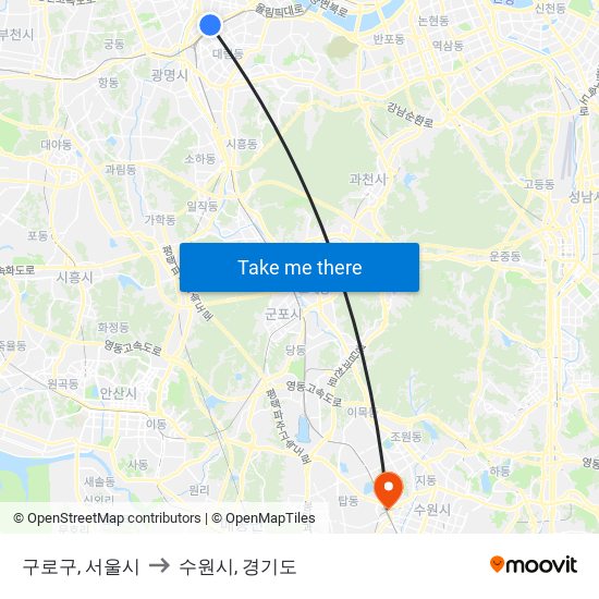 구로구, 서울시 to 수원시, 경기도 map