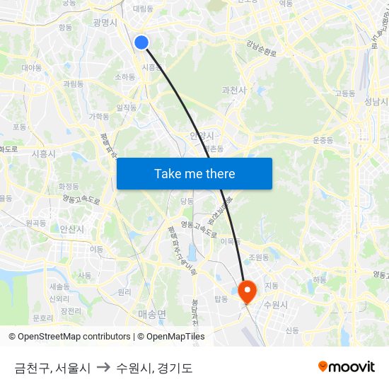 금천구, 서울시 to 수원시, 경기도 map