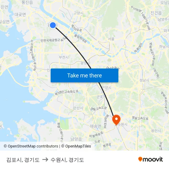 김포시, 경기도 to 수원시, 경기도 map