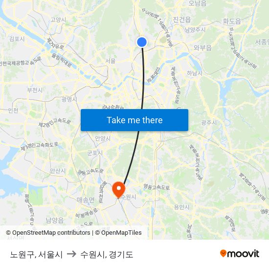 노원구, 서울시 to 수원시, 경기도 map
