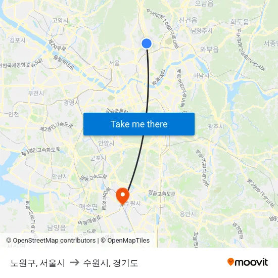 노원구, 서울시 to 수원시, 경기도 map