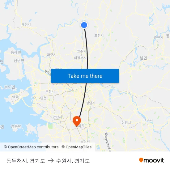 동두천시, 경기도 to 수원시, 경기도 map