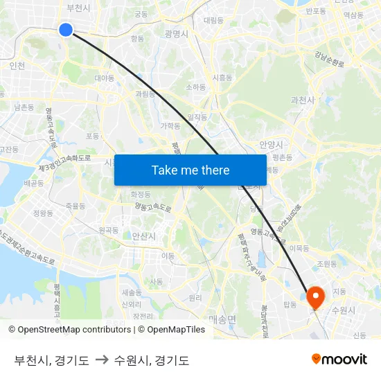 부천시, 경기도 to 수원시, 경기도 map