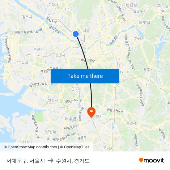 서대문구, 서울시 to 수원시, 경기도 map