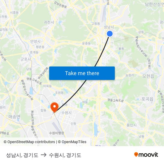 성남시, 경기도 to 수원시, 경기도 map